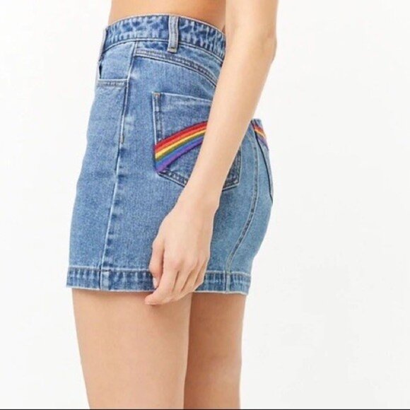 Forever 21 Denim Mini Jean Skirt Size M Rainbow Pride Pockets - Picture 3 of 12